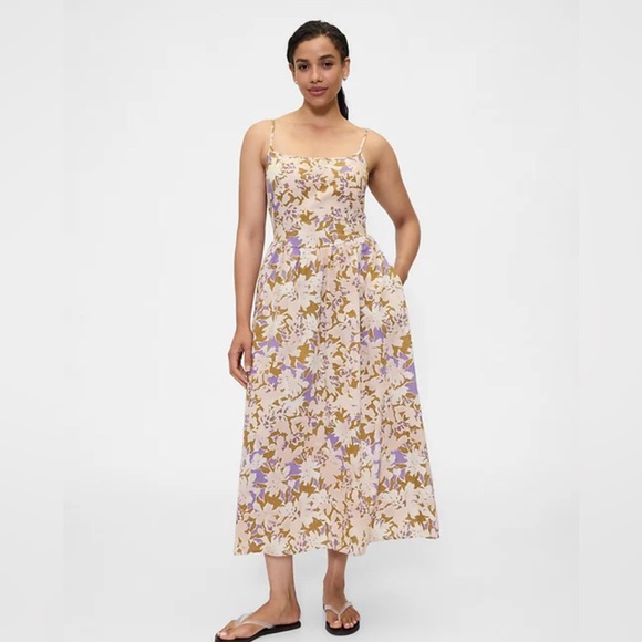 Gap Floral Linen-Blend Dip-Waist Midi Dress Sz L - Picture 6 of 15